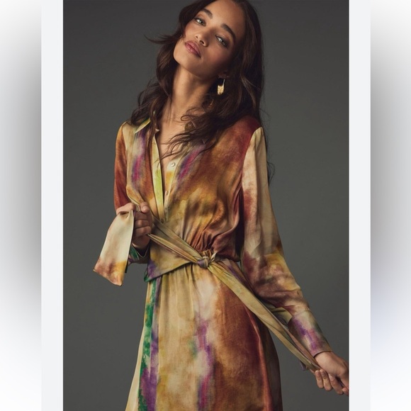 Anthropologie Dresses & Skirts - ANTHROPOLOGIE Tie-Waist Satin Shirt Dress in Multicolor Watercolor Print